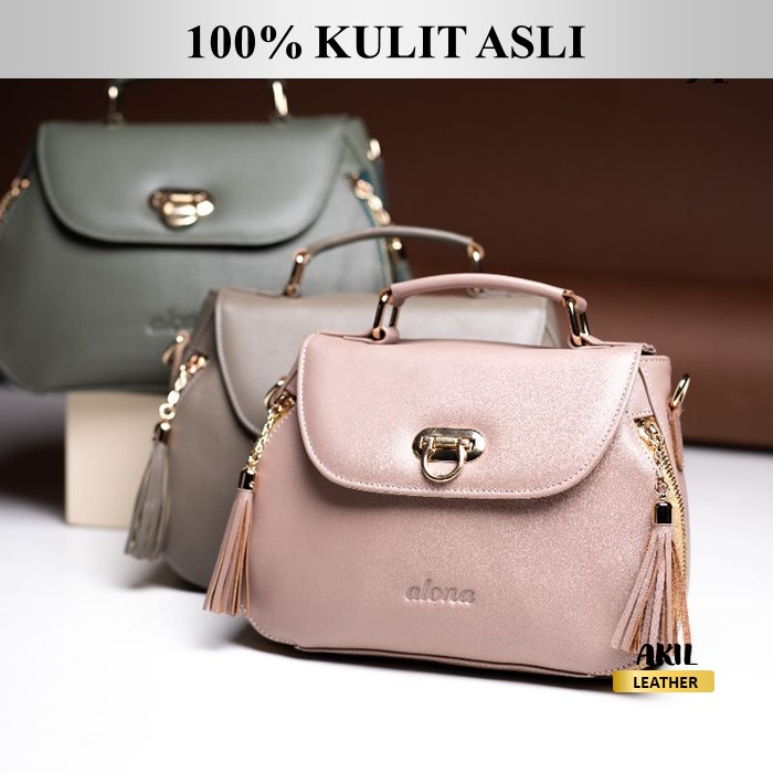 Tas Wanita Branded Model Selempang Slempang Jinjing Bahan 100% Kulit Sapi Asli Original Alona Viola Leather Sling Bag