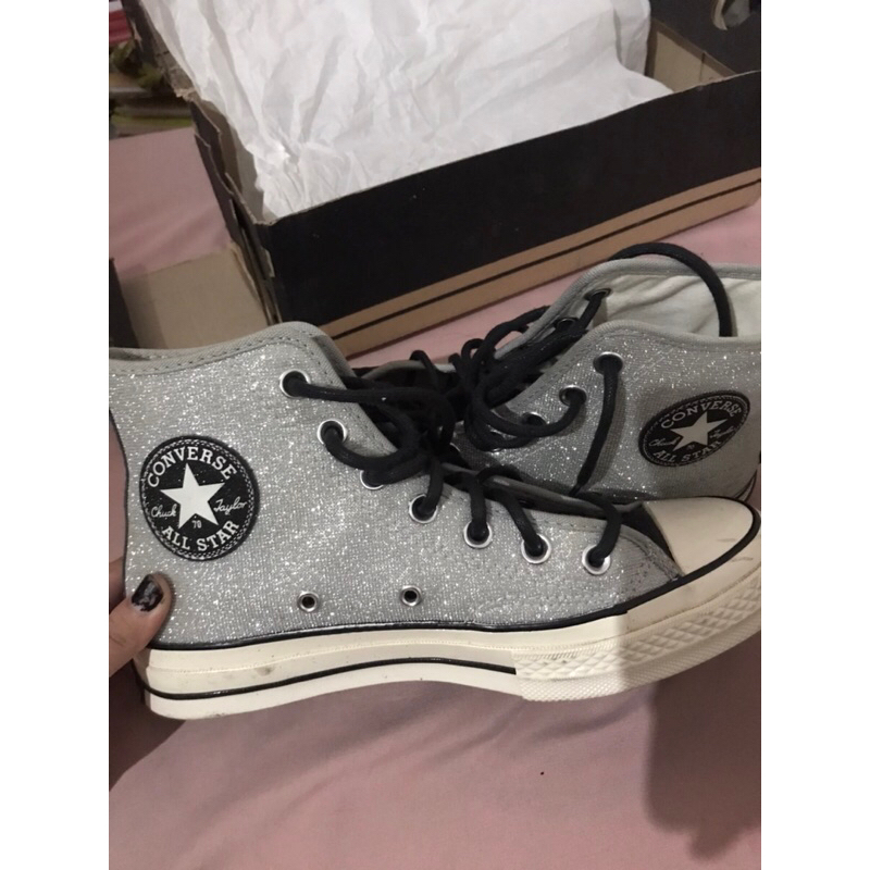 Preloved Sepatu Converse Chuck 70s High Glitter Silver Black Egret ORIGINAL