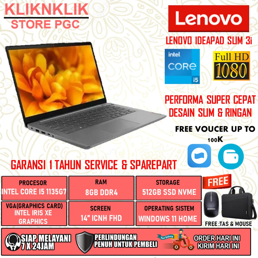 LAPTOP LENOVO IDEAPAD SLIM 5 INTEL CORE I5 1235U RAM 16GB 512GB SSD FULL HD IPS  WINDOW 11 HOME