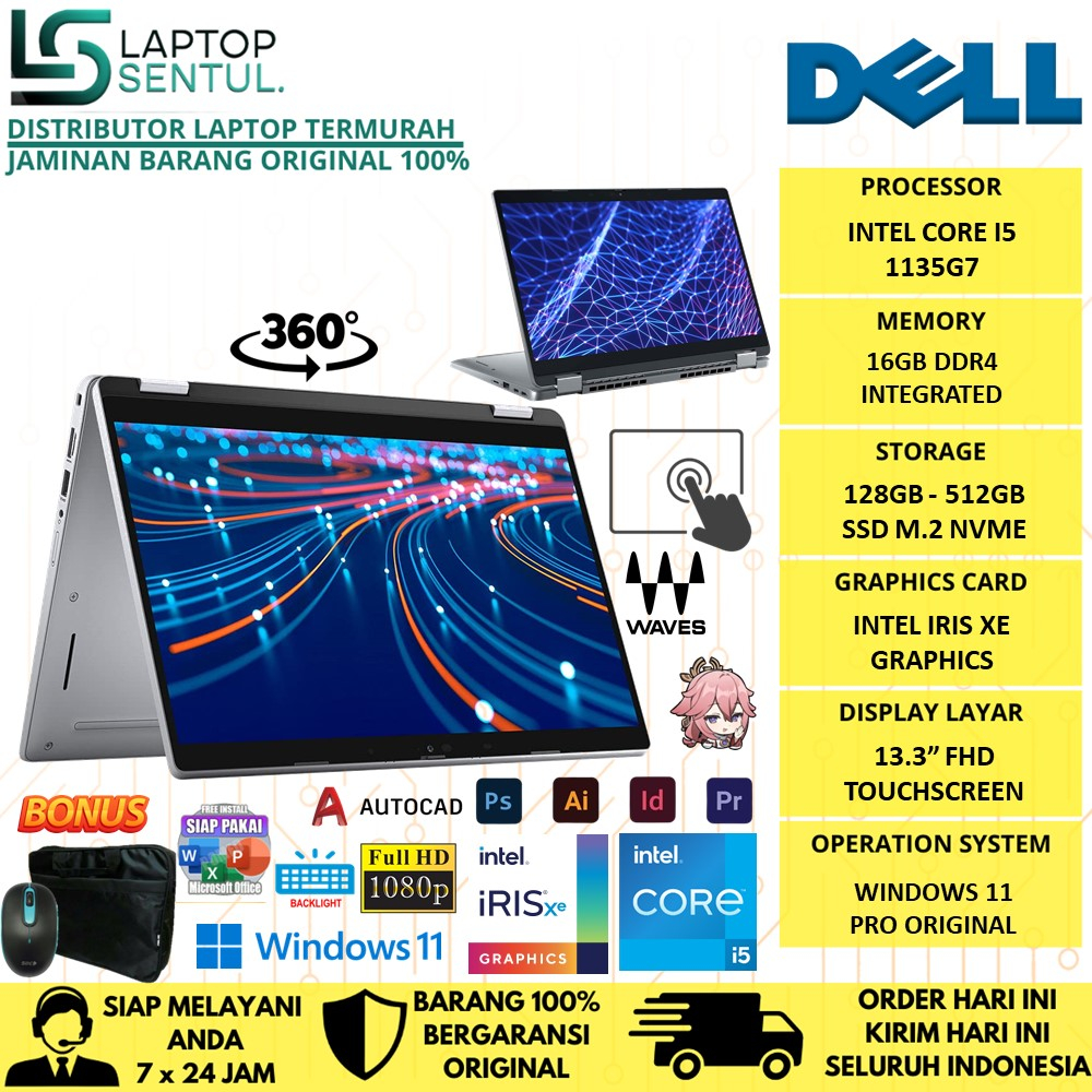 LAPTOP DELL LATITUDE 13 5320 2IN1 INTEL CORE I5 1135G7 16GB RAM 512GB SSD IRIS XE FHD TOUCH WINDOWS 11 PRO ORIGINAL