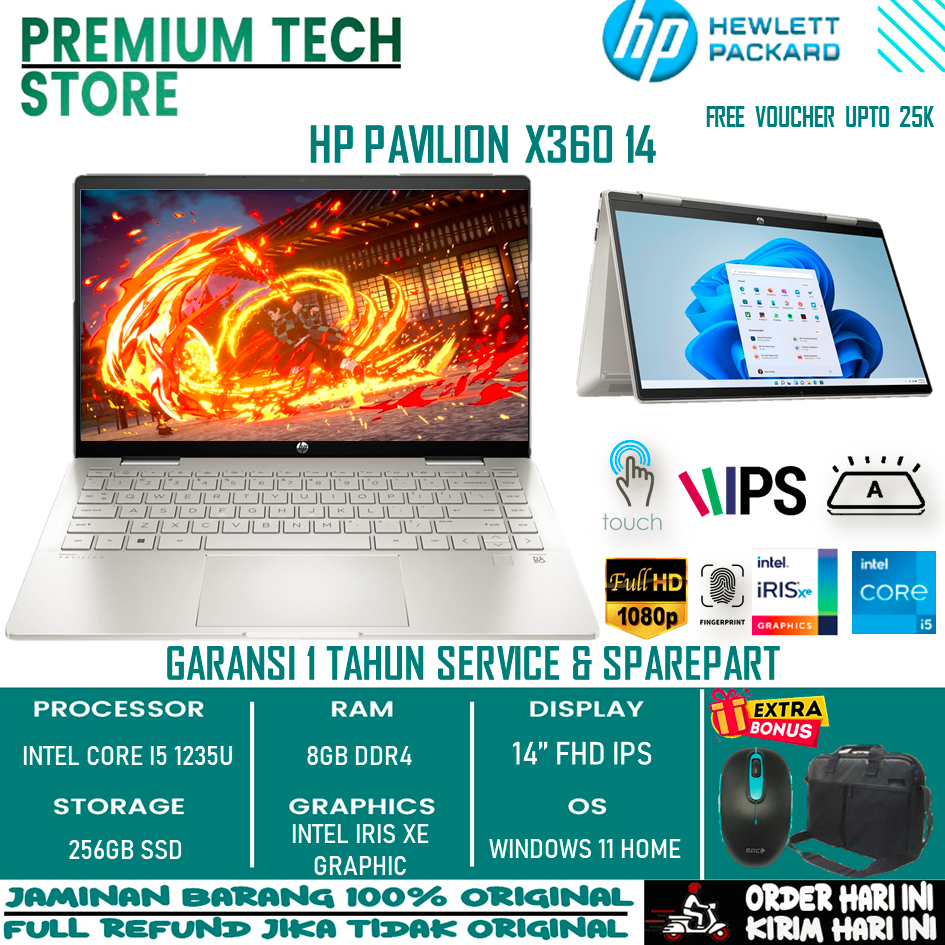 Laptop Baru Hp Pavilion X360 14 Intel I5 1235U Ram 8Gb 256Gb Ssd Iris Xe Graphic Fhd Ips Touch Windows 11 Home Original