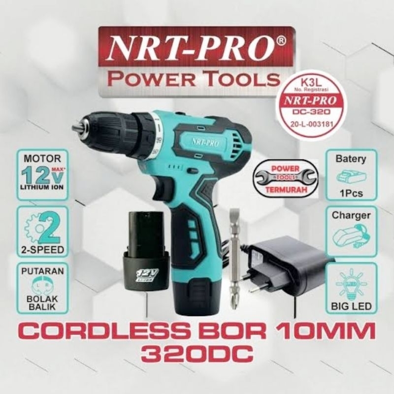 Bor Cordless NRT pro 320 DC 1 Baterai Mesin Bor NRT 10mm