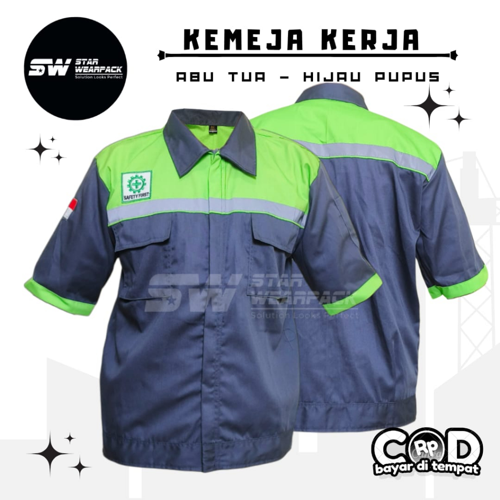 Star Wearpack - Seragam Kerja Proyek Warn Abu Tua Kombinasi HIjau Pupus Lengan Pendek