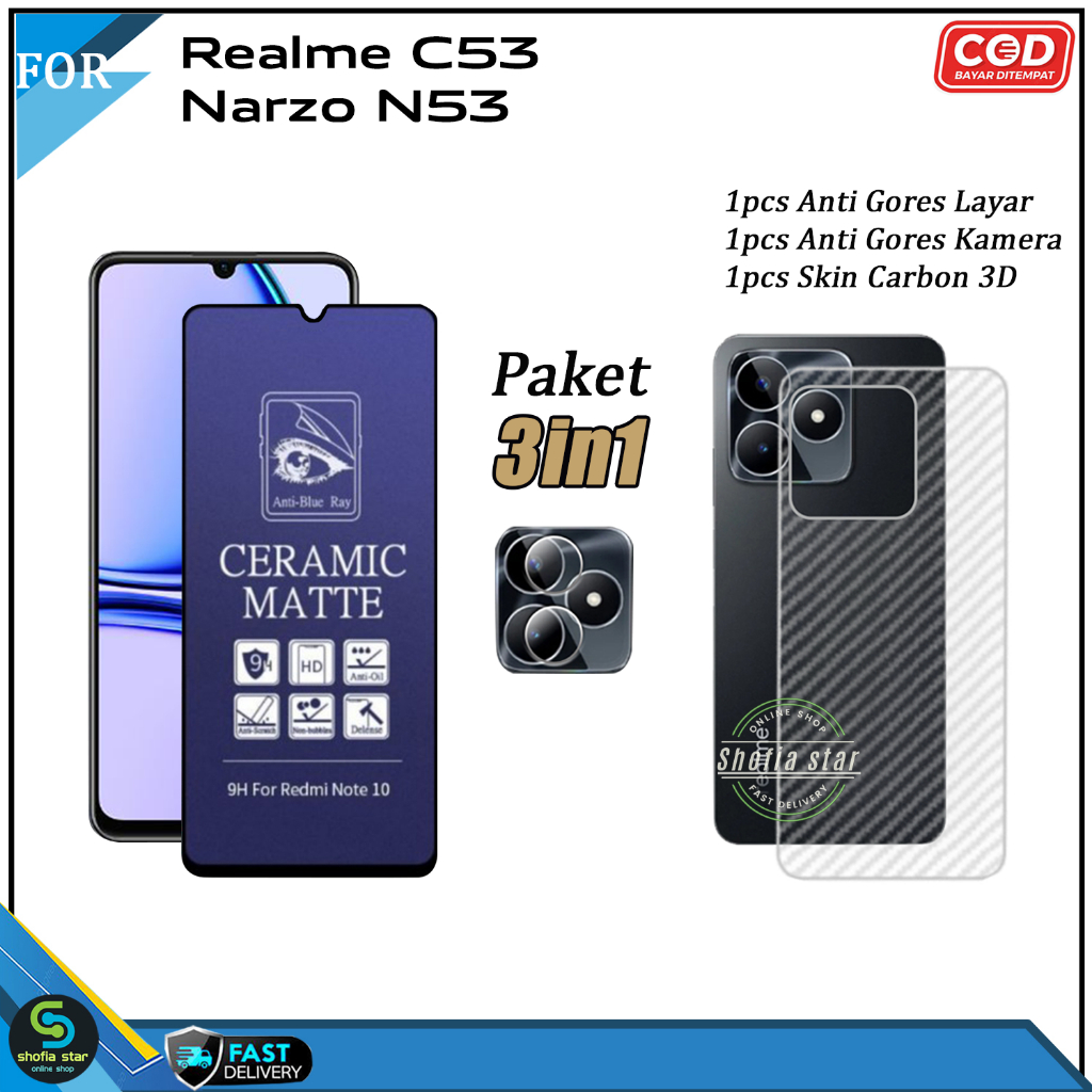 PAKET 3IN1 Tempered Glass Ceramic Privacy Realme C53 Nfc Narzo N53 Anti Spy Full Cover