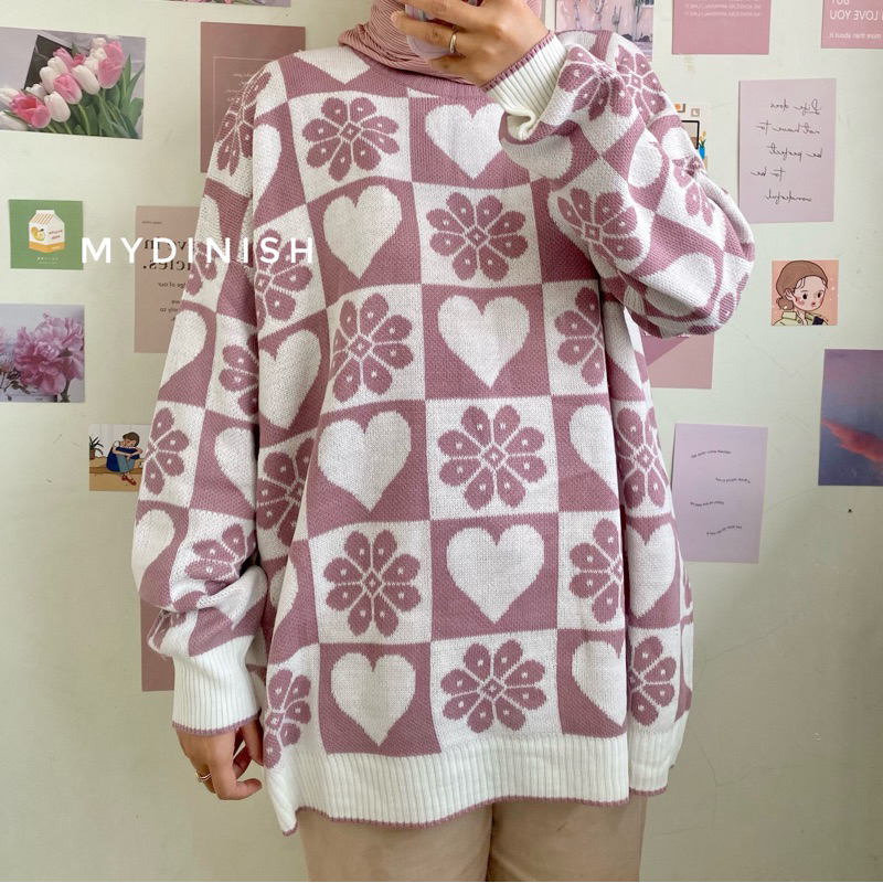 Klover Oversize Sweater Rajut Wanita Motif Bunga