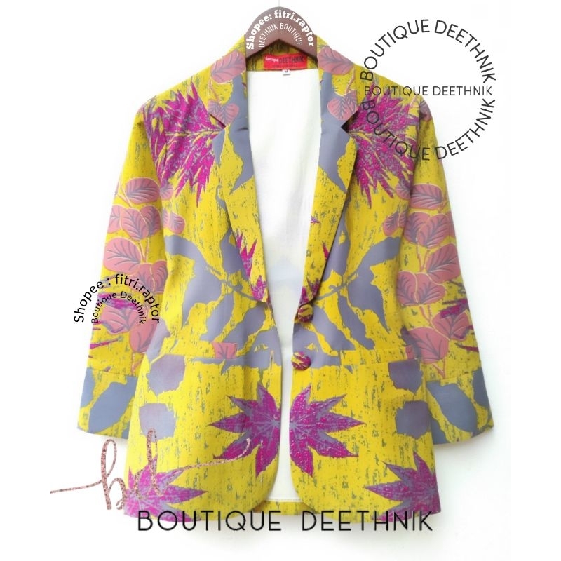 Deethnik baju batik model blazer batik print eco print batik warna kuning