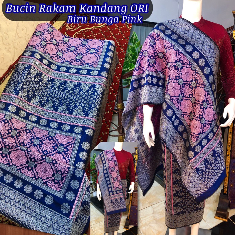 Songket Bunga Cina Rakam Kandang ORI pink Muda dasar biru/ songket tenun asli palembang /ilham songk