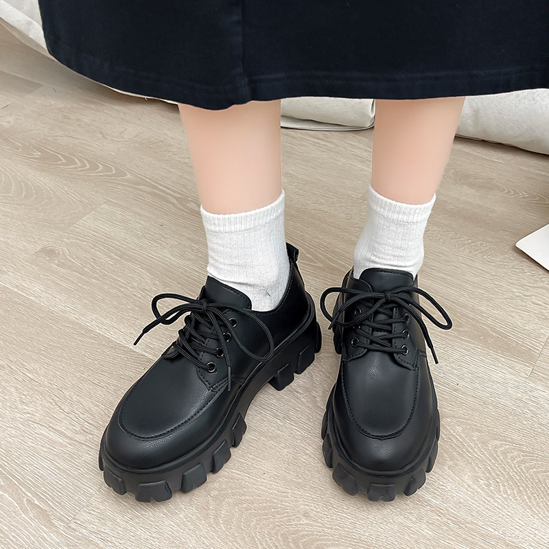 Sepatu Oxford Derby Hak Tinggi Wanita Flatform Ankle Boots Import Bot Kulit Hitam Big Size Platform Shoes Heels Black - Ukuran 35 36 37 38 39 40