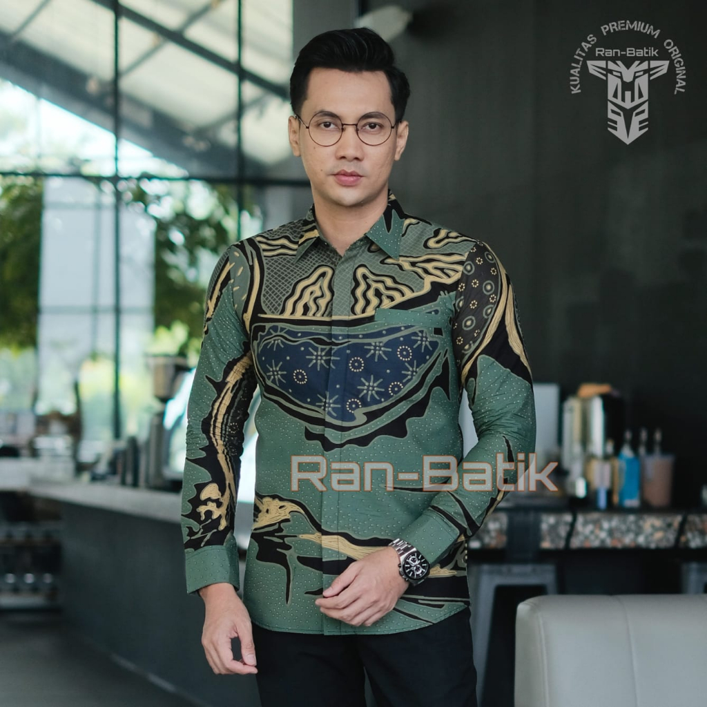 Kemeja Batik Pria Slimfit Slim Fit Kekinian Terbaru hijau Green Sage