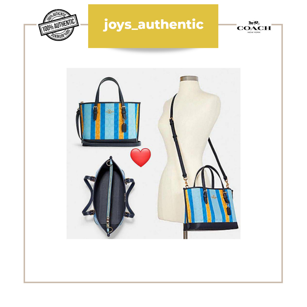 Tas Wanita Coach Mollie Tote 25 Jacquard Stripes Signature Biru Blue Kuning Yellow Multi Woman Bag A