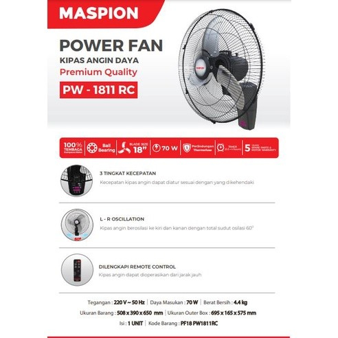 Maspion PW 1811 RC - Kipas Angin Besi Wall Fan Remote 18 inch