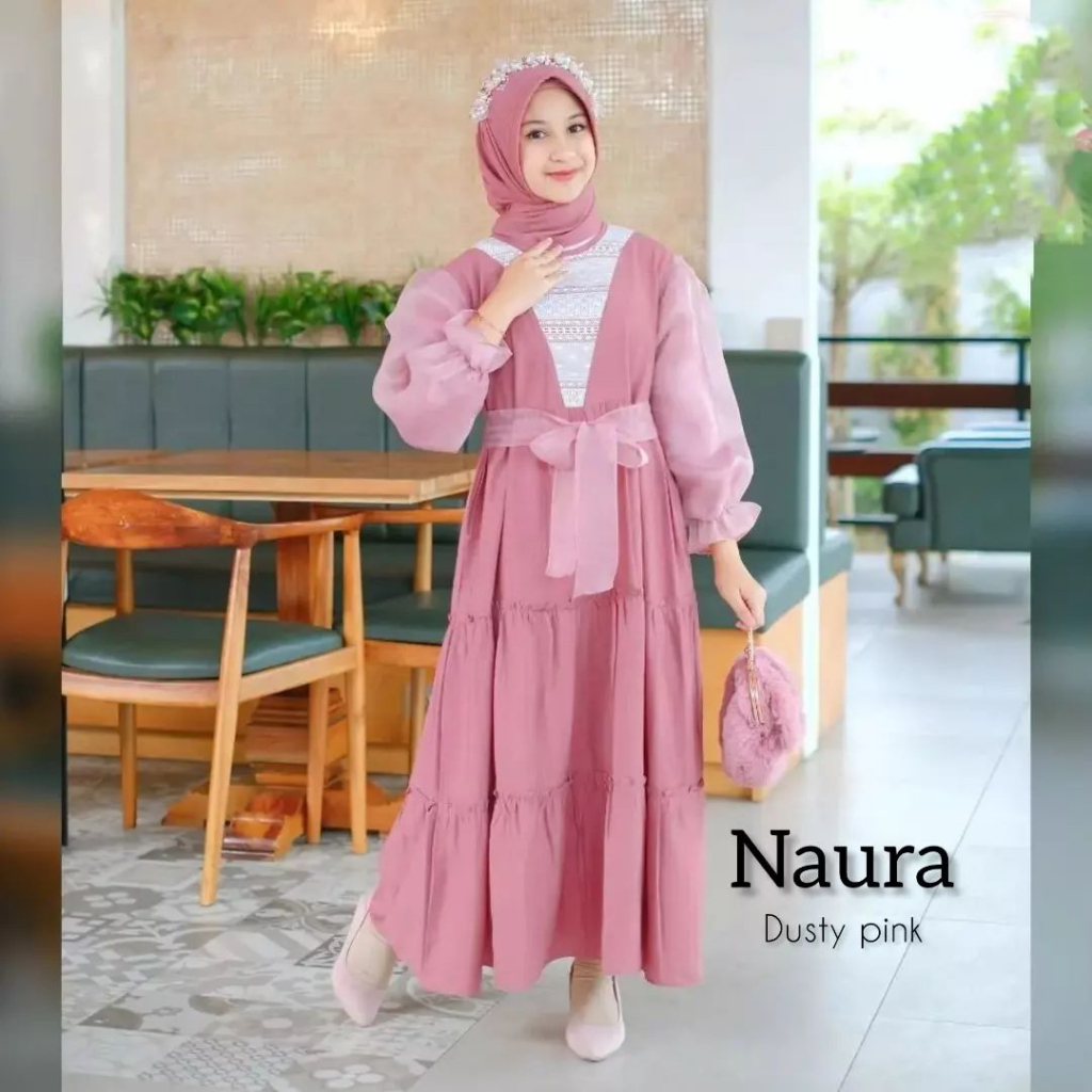 Baju Gamis Anak Perempuan Tanggung Terbagus Kekinian 2023 Naura Kids Plus Jilbab Bahan Crinkle Mix Organza Dan Brukat Malika Dress Syar'i Anak Perempuan Usia 7 8 9 10 11 Tahun Fashion Muslim Anak Cewek