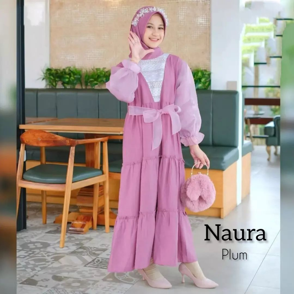 Baju Gamis Anak Perempuan Tanggung Terbagus Kekinian 2023 Naura Kids Plus Jilbab Bahan Crinkle Mix Organza Dan Brukat Malika Dress Syar'i Anak Perempuan Usia 7 8 9 10 11 Tahun Fashion Muslim Anak Cewek