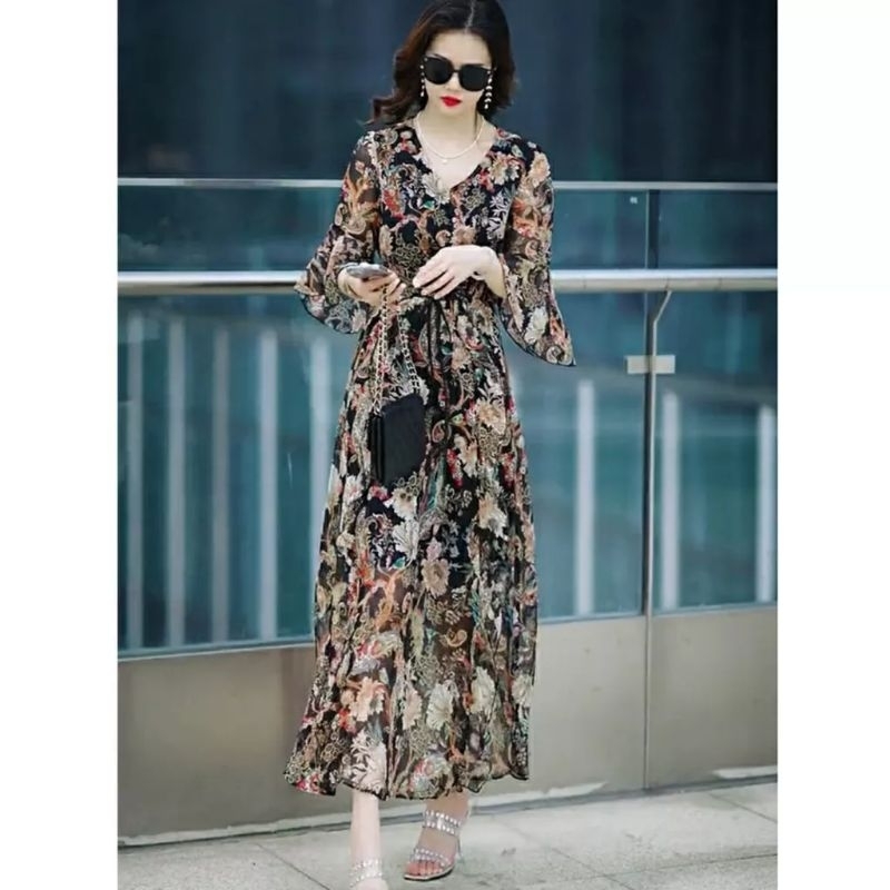 12616  Fashion fashionkorea Baju Maxi dress dres lengan panjang trompet leher kerah  bentuk vi neck 