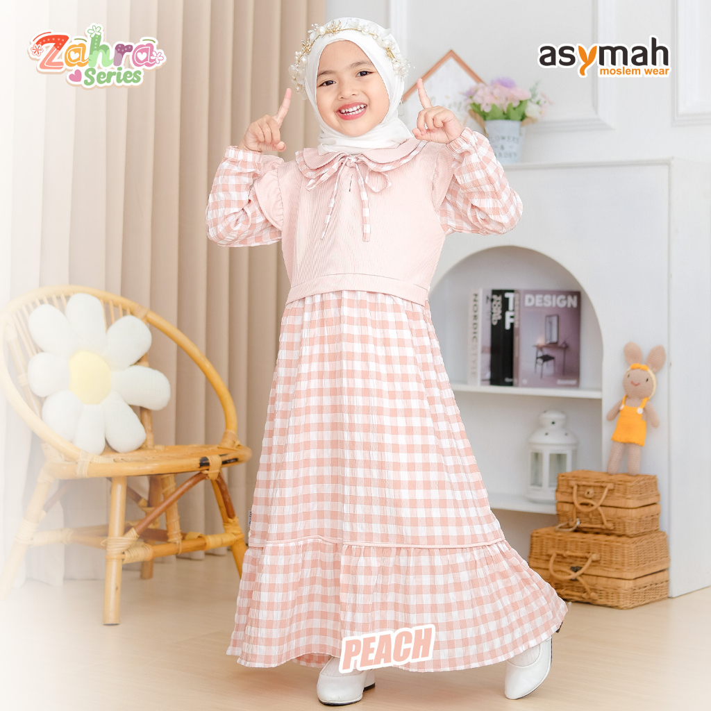 ASYMAH Gamis Anak Kotak-Kotak Bahan Arumi Crinkle Mix Knit Uniqlo Warna Peach Zahra Serie