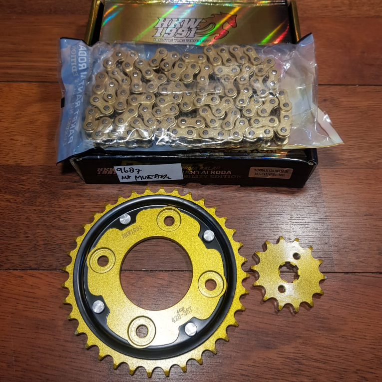 (SUPRA X125) HELM IN - GEAR TARIK SET KOMPLIT LUXURY RANTAI GOLD 428H-108L 36T/14T - HKW 1991