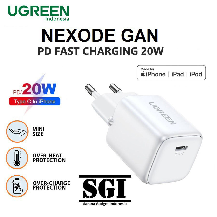 UGREEN ORIGINAL Adaptor Charger Type C NEXODE GAN 20W 3A Kepala Adapter Casan MFI Made for Iphone 11