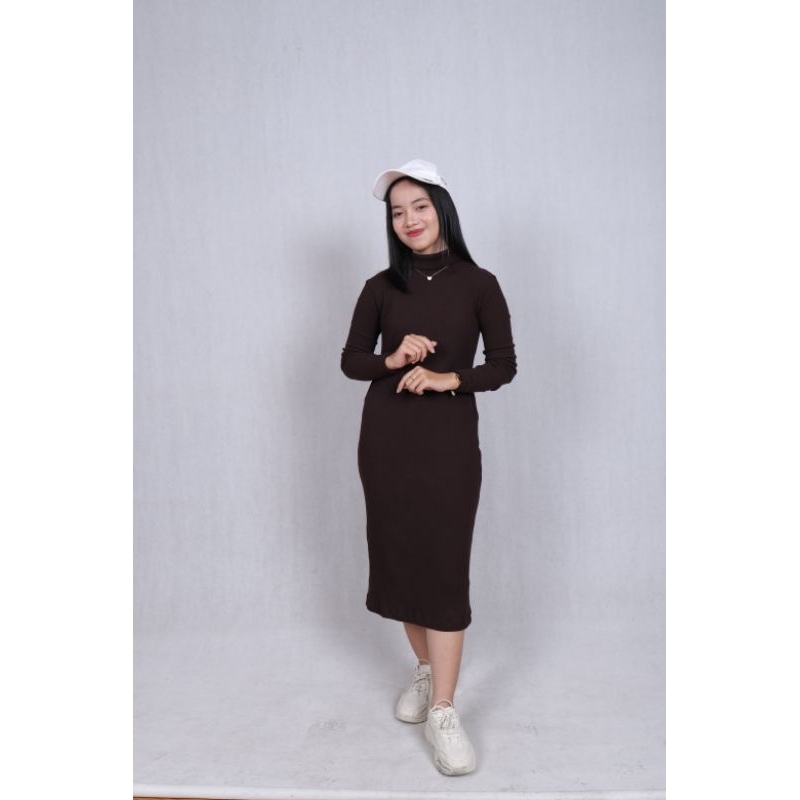 riche - basic maxi dress bodycon / lengan panjang / leher tinggi / Premium knit original  tebal tidak nerawang