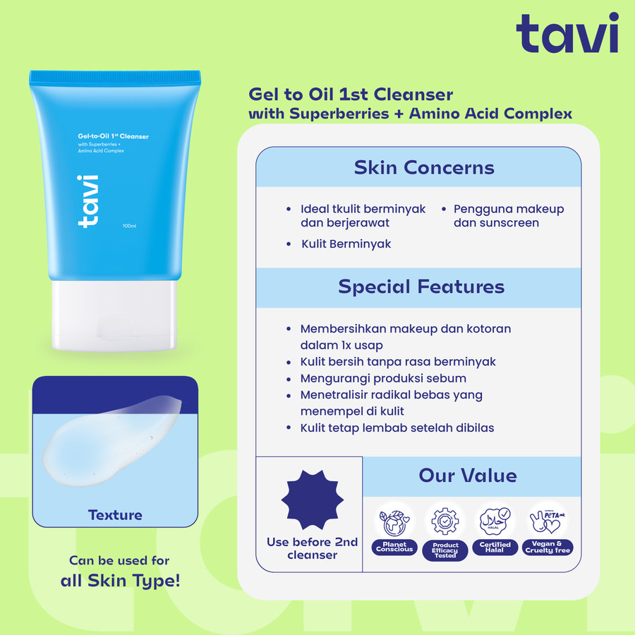 Tavi Gel to Oil Cleanser with Superberries + Amino Acid Complex 100ml