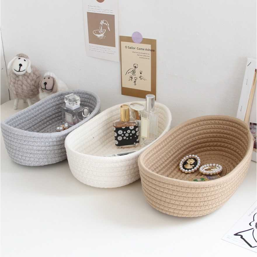 Wadah Kosmetik Basket Hand Woven Cotton Desain Minimalis Tempat Penyimpanan Make UP Material Benang Katun