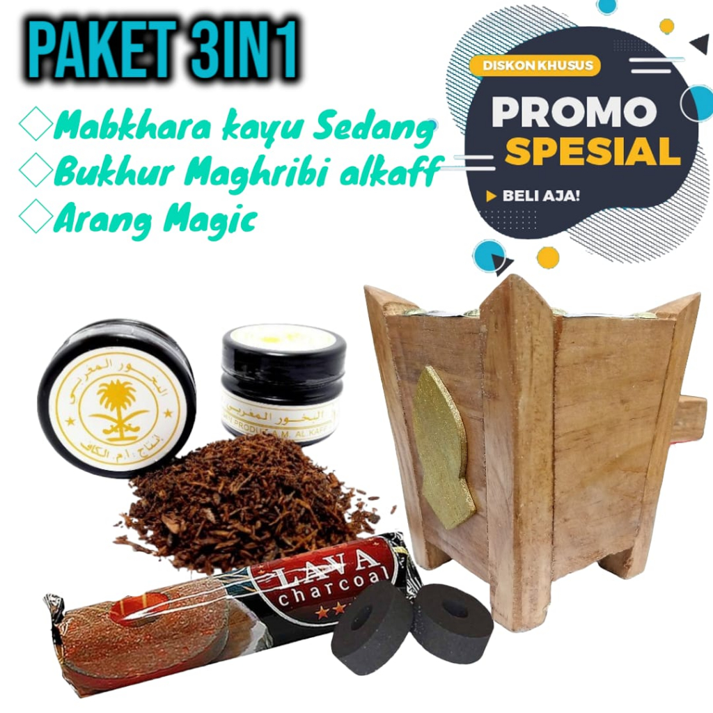 Paket Mabkhara Kayu Mini + Bukhur Maghribi Alkaff + Arang Magic 1 bungkus Promo Paket 3in1