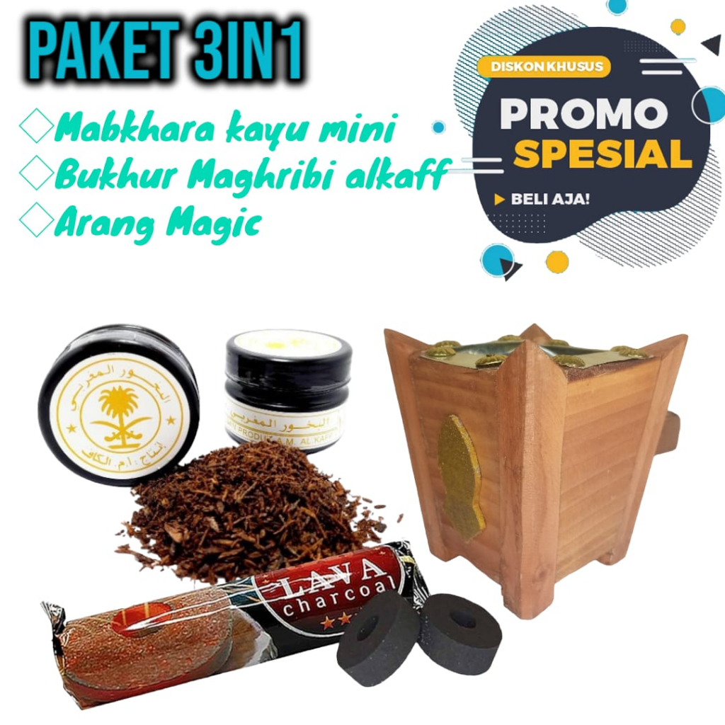 Paket Mabkhara Kayu Mini + Bukhur Maghribi Alkaff + Arang Magic 1 bungkus Promo Paket 3in1