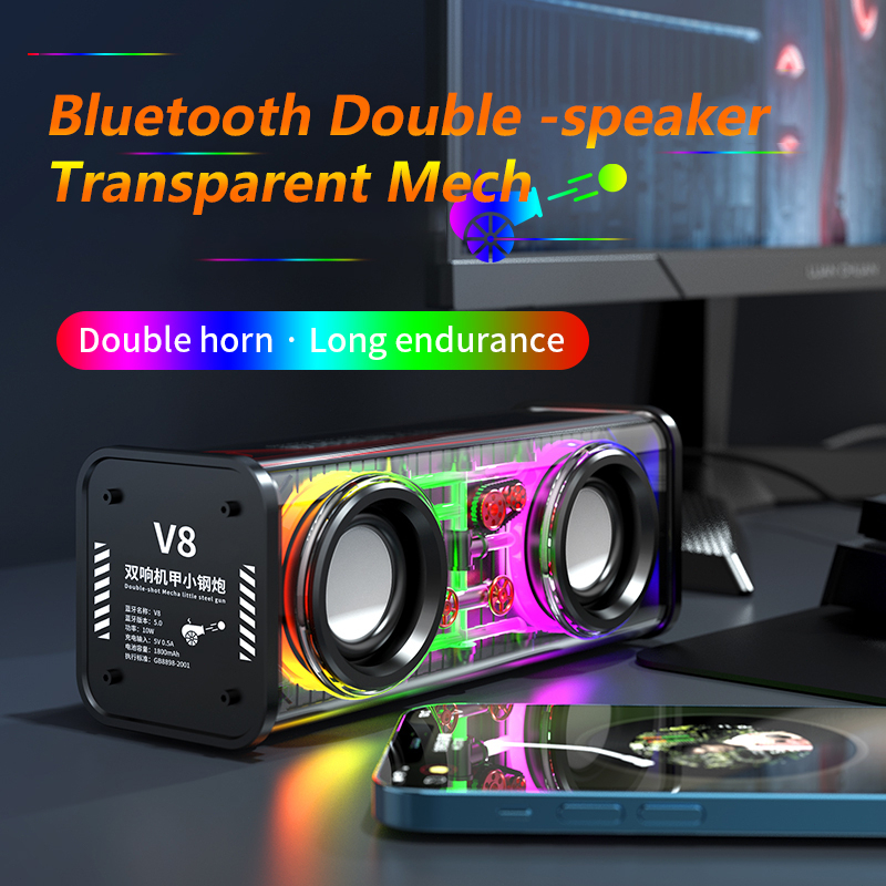 Bluetooth Speaker Wireless V8 Transparent Speaker TWS Series Surround Mini Bluetooth Speaker TF card Double Horn Subwoofer Multiple RGB Lighting Modes