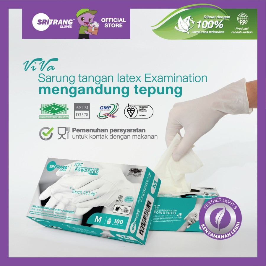 Sritrang Latex Exam Glove Powdered / Handscoon Sarung Tangan Karet Safeglove box