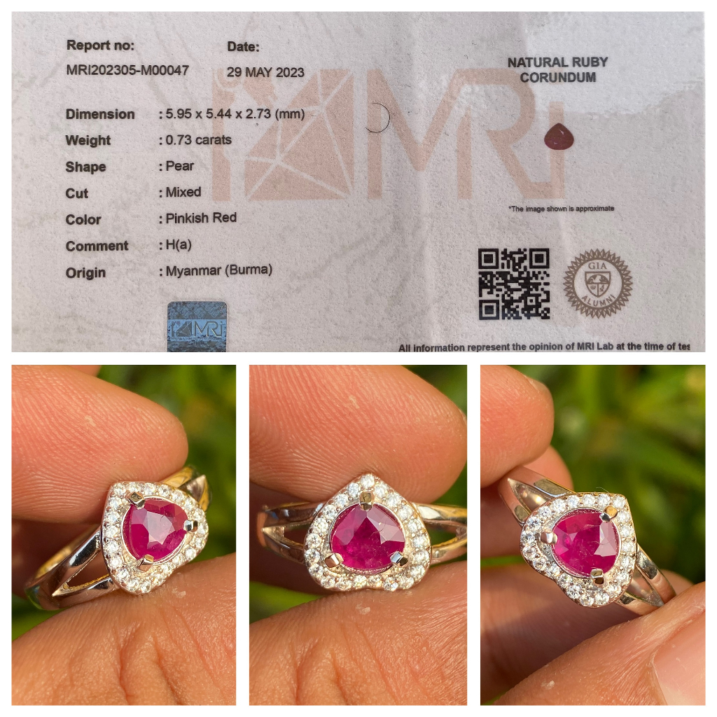 Natural 0.73ct Pinkish red Ruby Burma Ring Wanita