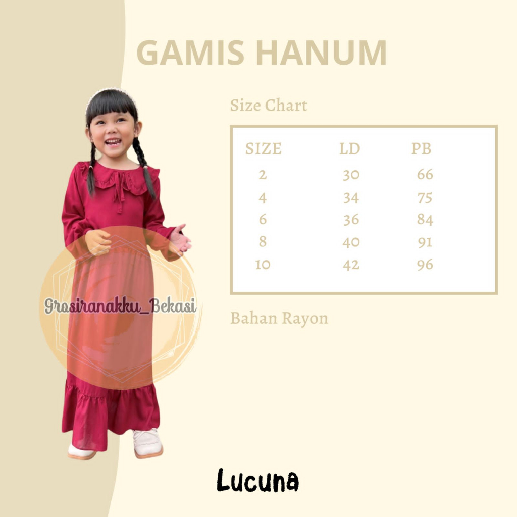 Gamis Rayon Anak Hanum Lucuna Warna Maroon Size 2-10 Thn