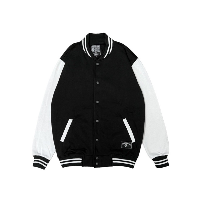 PHOMPPHIESS Jaket Baseball Polos Hitam Putih Jacket Varsity Polos Pria Wanita