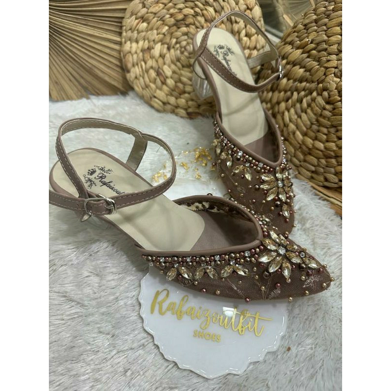 Sepatu wedding pesta Cantik isni mocca 5cm kaca
