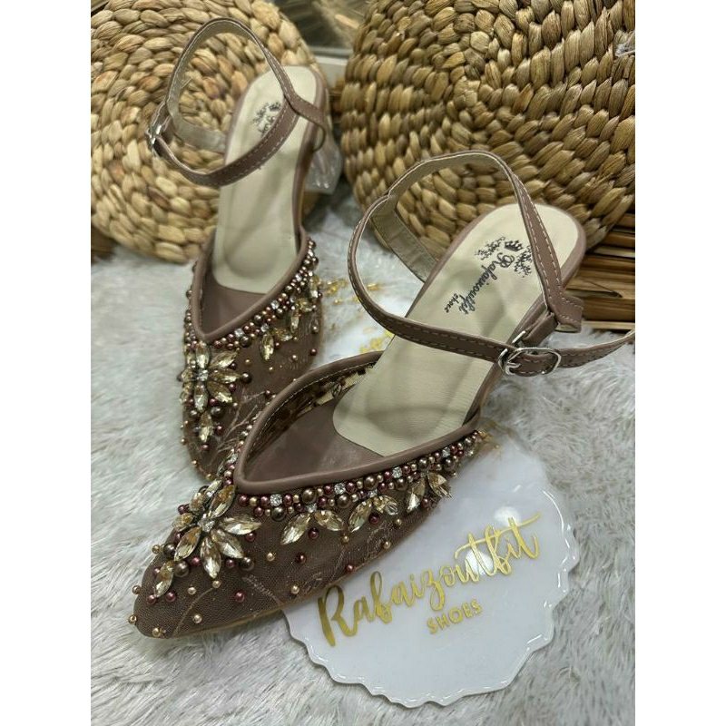 Sepatu wedding pesta Cantik isni mocca 5cm kaca