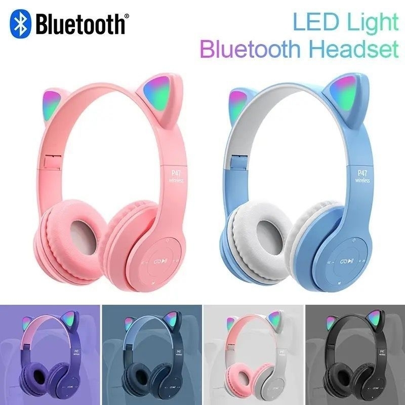 Headphone Bluetooth Bando Cat LED Earphone Headset Wireless Stereo SUPER BASS P47M