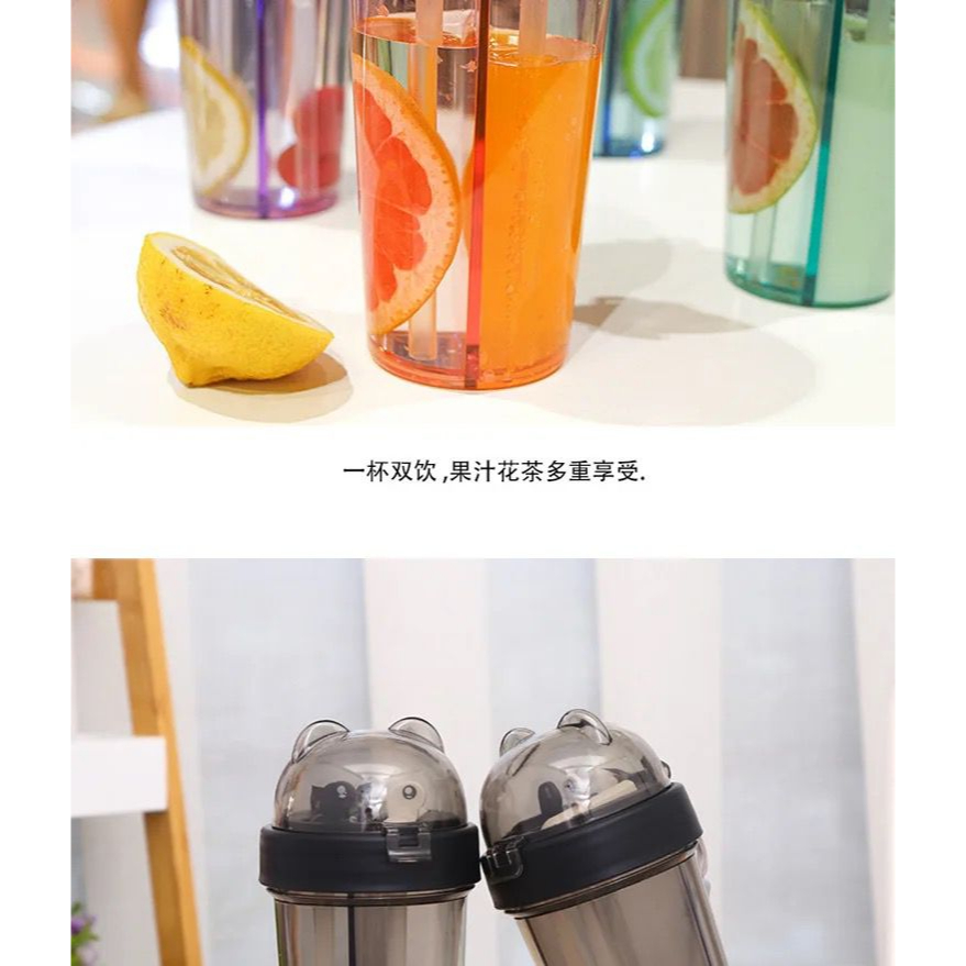Botol Minum 420ml Air Sedotan 2 Sisi Sekat Free Sticker Bpa Free / Botol Minum Dua Sisi Sedotan