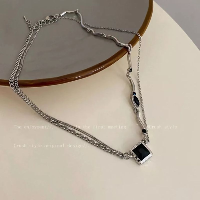 Mayythelabel | Lacey Necklace | READY STOCK SIAP KIRIM | Square Zircon Double-Layer | Cahaya Mewah Niche Desain High-End Square Zircon Double-Layer Rantai Kalung | Fashion Accessories