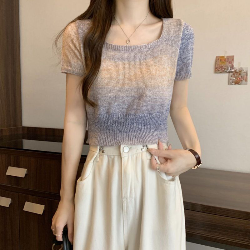 BEARYJEANS T-shirt Gradient Ice Silk Square Crop Kaos Wanita Rajut Lengan Pendek Crop Korean Style - BJ092