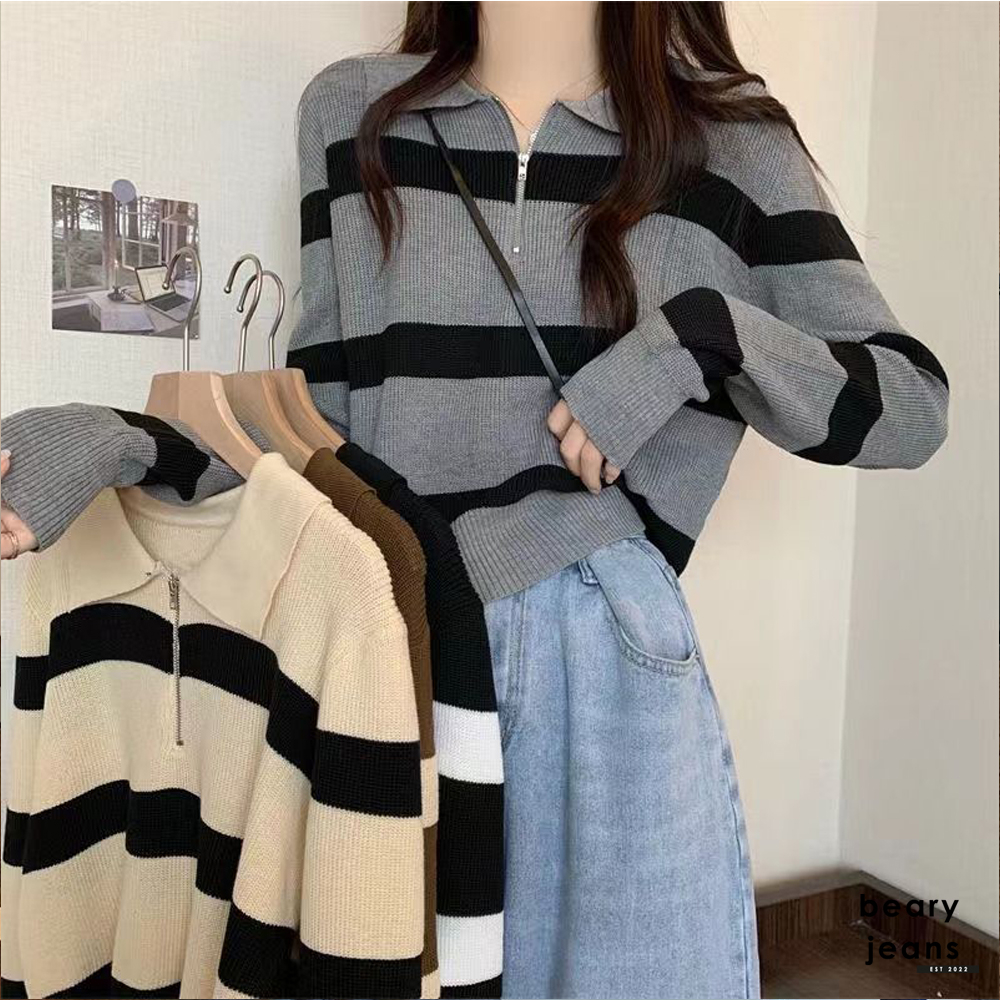 BEARYJEANS Sweater Strip Atasan Lengan Panjang Rajut Wanita Crop Top Kerah Zipper Premium Import Korean Style - BJ089