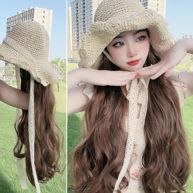 TOPI WIG RAMBUT PALSU PANJANG RAJUT WANITA DEWASA KUPLUK BEANIE PANTAI PIKNIK CANTIK IMPORT TALI UNT