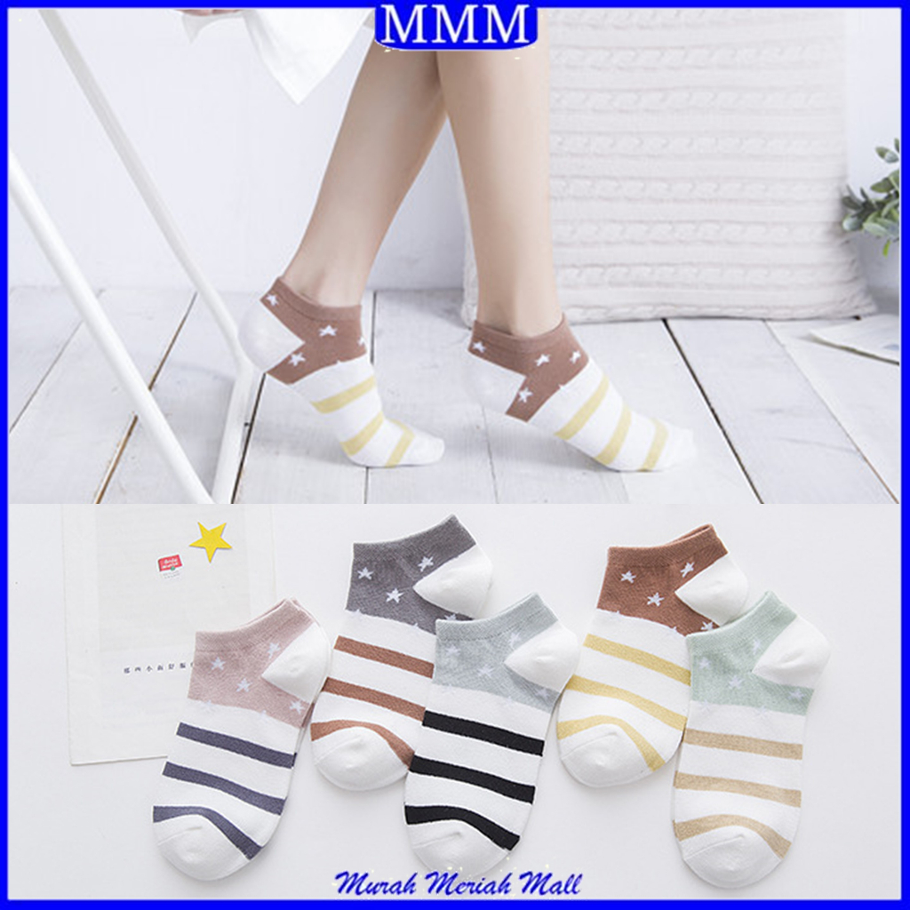 MMM Kaos Kaki Pendek Motif Garis Bintang Kaoskaki Model Star And Line 6803 Kaus Kaki Fashion Korea Jepan Women Sock Sarung Kaki Pendek Wanita Ankle Socks Import Murah