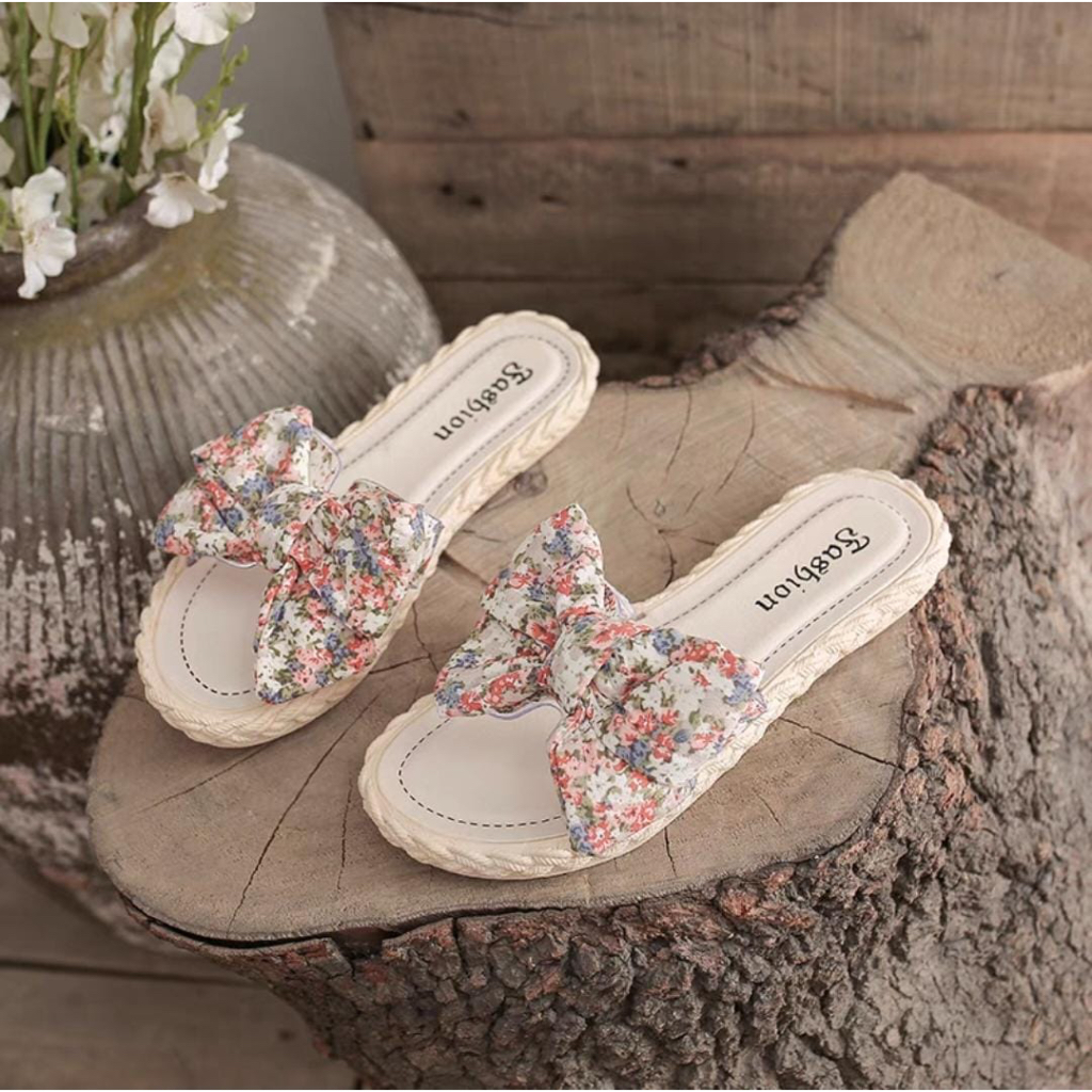 GROSIRTAS TG1599 SANDAL FLAT WANITA IMPORT MOTIF BUNGA PITA CANTIK WARNA PASTEL