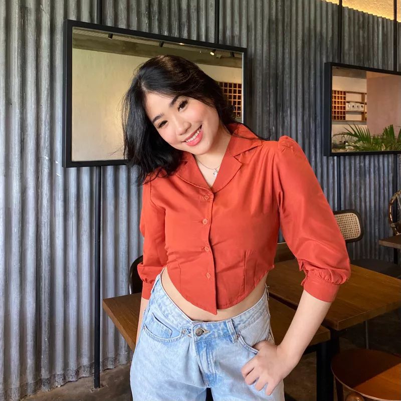 ATASAN KEMEJA BLOUSE CROP TOP PUFF CHIA FULL KANCING CRINKLE AIRFLOW / CROP TOP WANITA