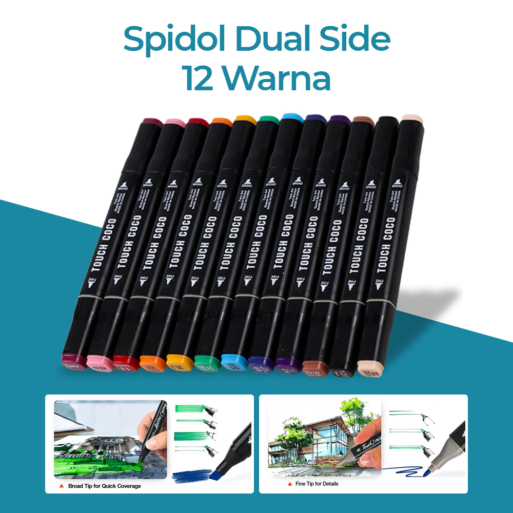 TOUCH COCO Spidol Dual Side Art Sketch Marker Drawing Set 12 Color - T12 - Multi-Color