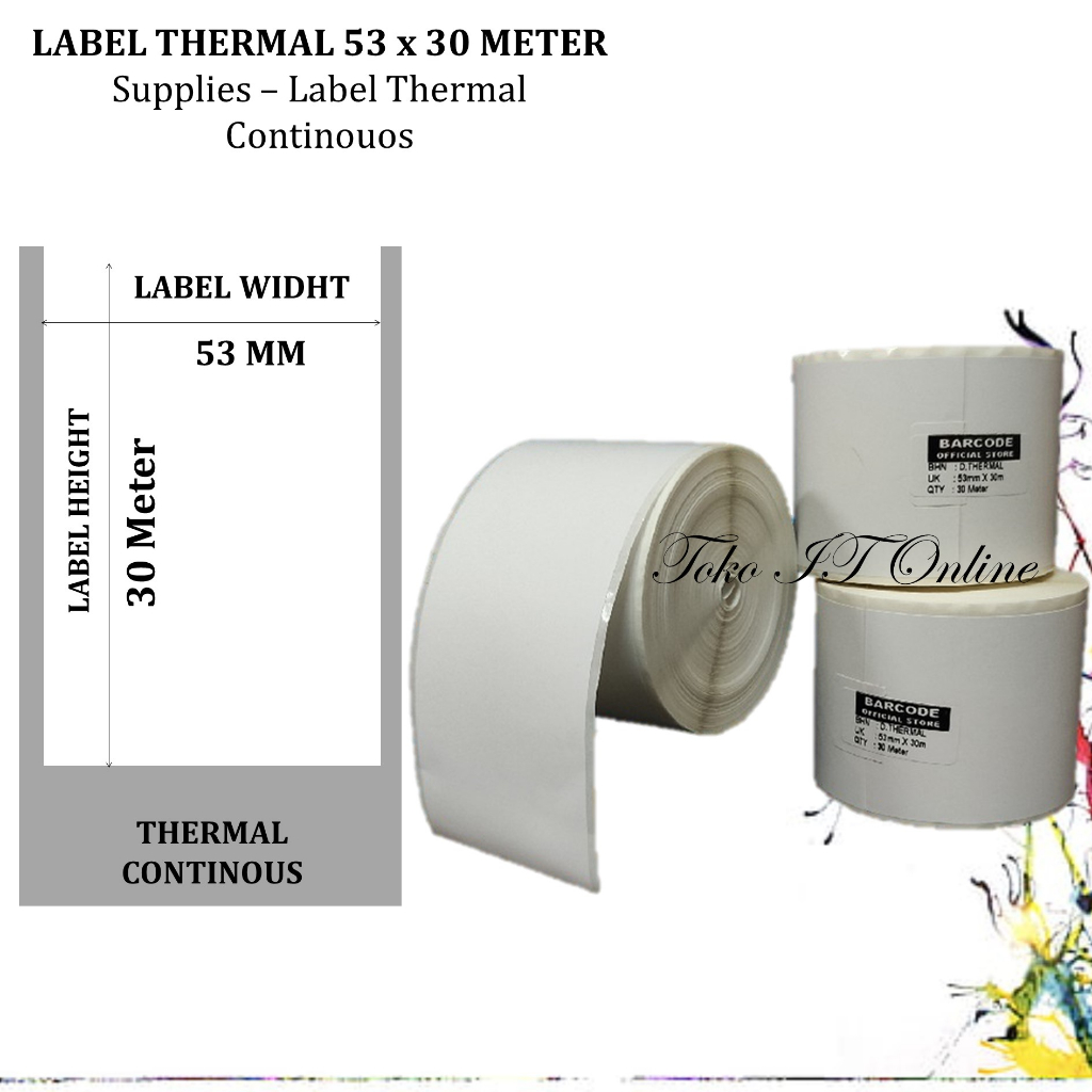 LABEL THERMAL 53X30 METER CONTINOUS UNTUK PRINTER LABEL THERMAL 58MM STICKER RESI ALAMAT PENGIRIMAN MARKETPLACE