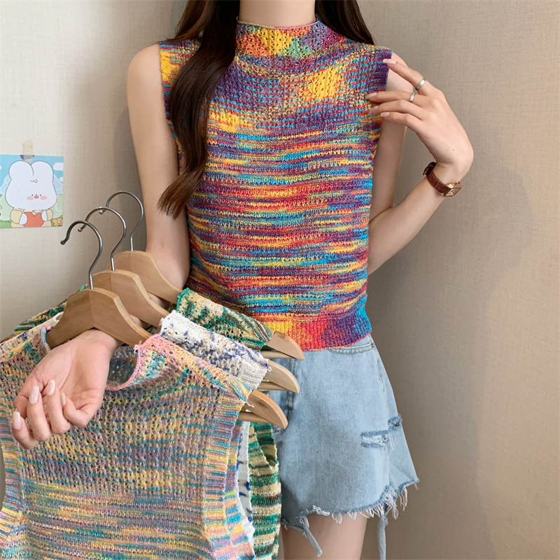 BEARYJEANS Colorful Slim Knit Sweater Vest Neck Crop Rajut Wanita Tanpa Lengan Musim Panas Fashion Korea Import - BJ093