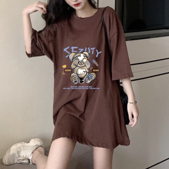 4 warna 100% Katun Graphic Tee Baju Wanita Cartoon Bear Atasan Wanita Oversize Kaos Putih T-shirt Couple Korean Style