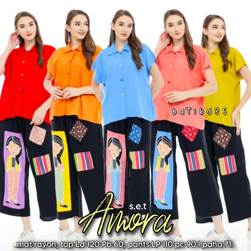 Setelan wanita kekinian Semerbak batik rayon adem murah halus kombinasi adem motif karakter boneka lucu tejo ibu remaja abg pajama pajamas piyama longgar grosir baju tidur santai jumbo ld 120 seragam one set oneset harian rumah cantik keren nyaman