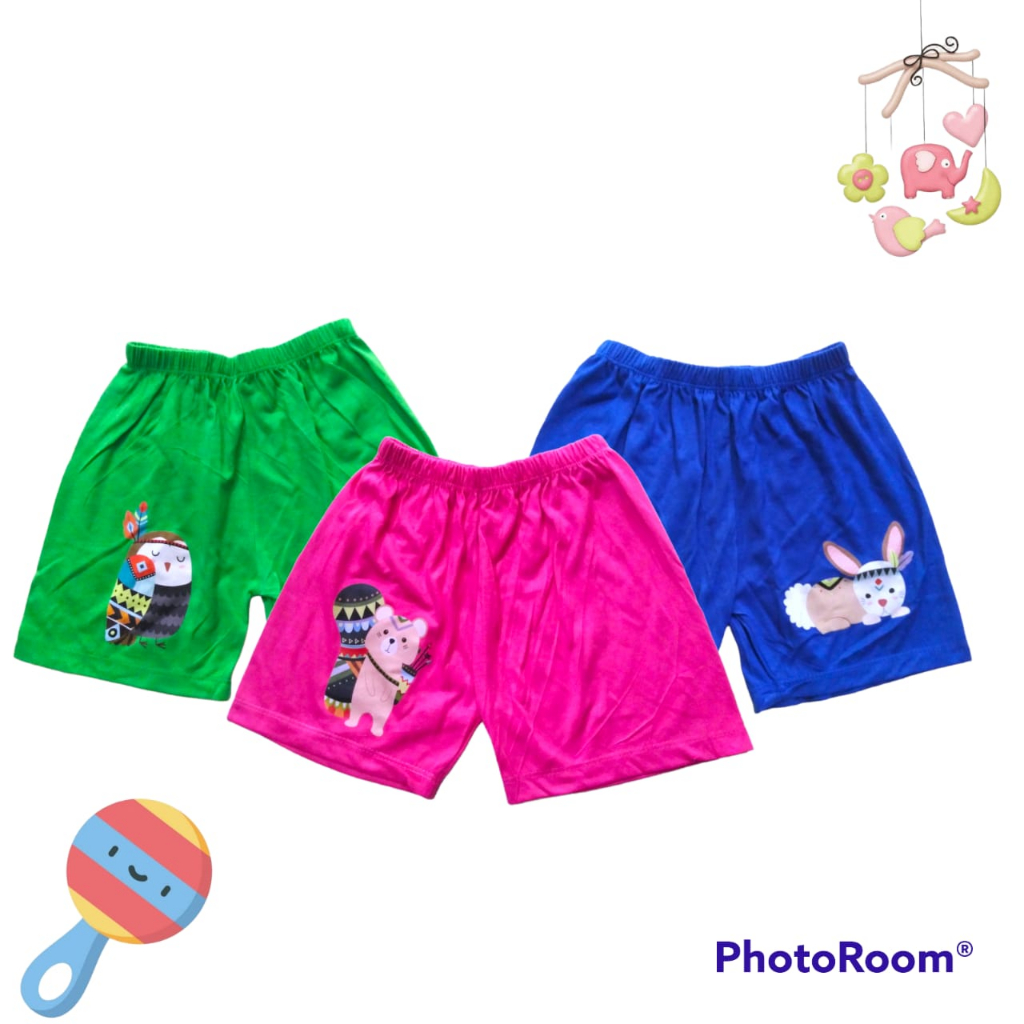 Celana Pendek Bayi Motif Sticker Tempel  3pcs Seri Warna