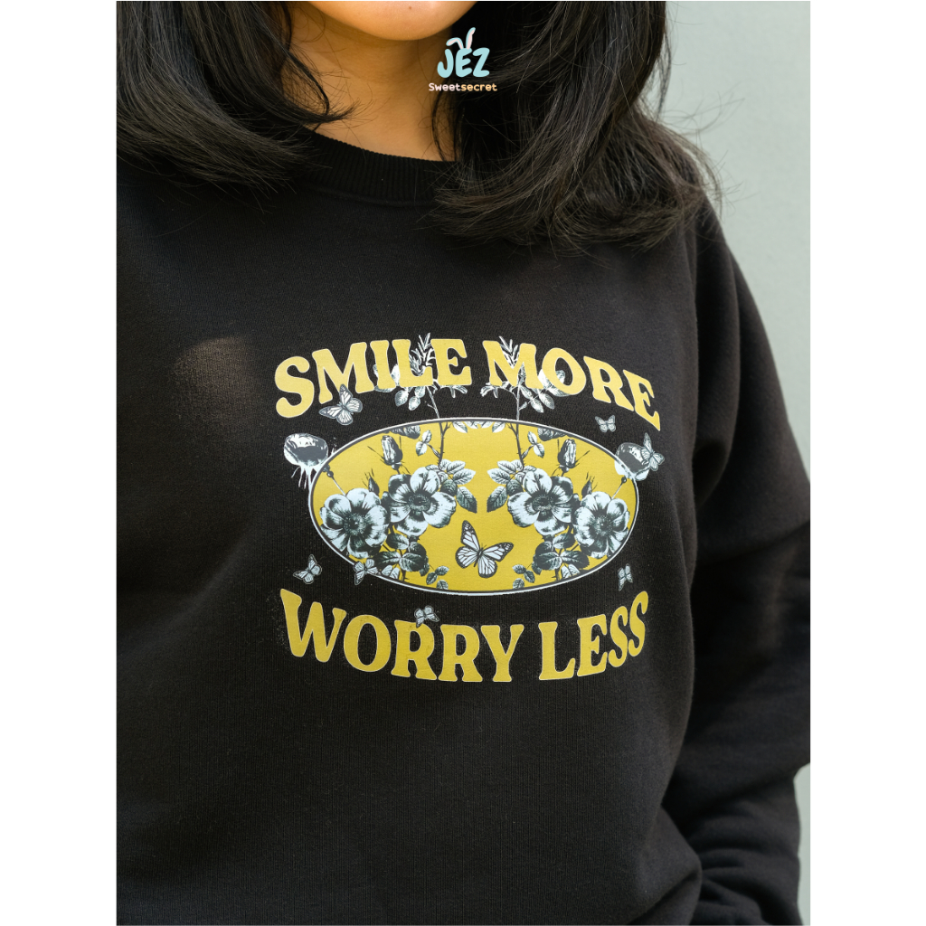CREWNECK SWEATER Sweter Oversize Over Size Oversized Wanita SMILE MORE WORRY LESS