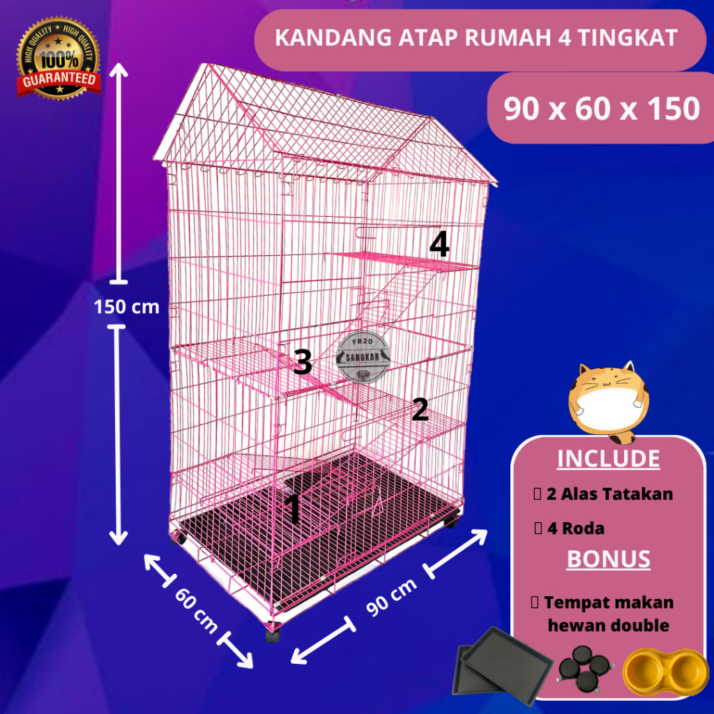KANDANG KUCING JUMBO 4 TINGKAT + RODA DENGAN BONUS TEMPAT MAKAN KUCING